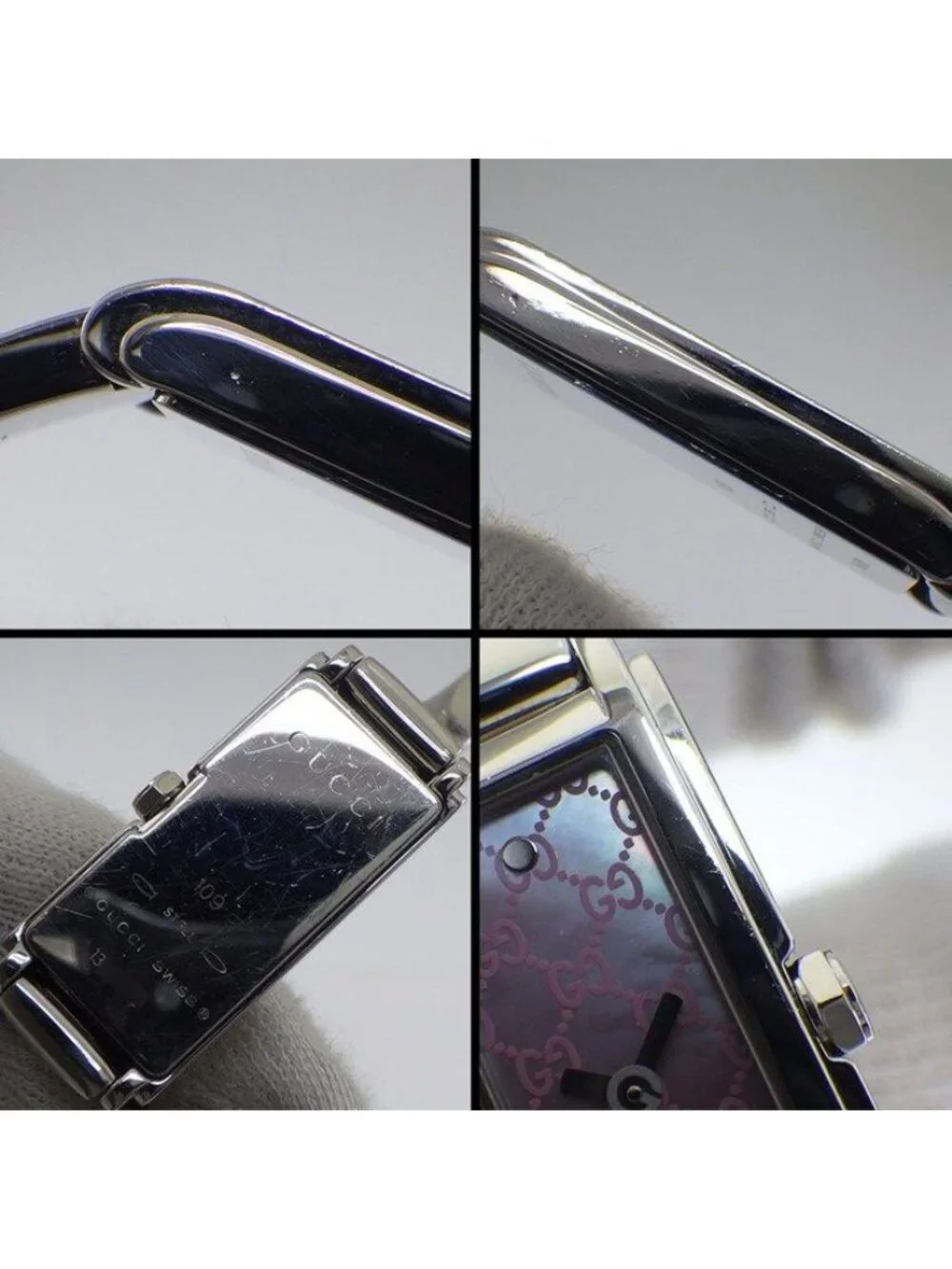 Gucci Watch Bangle 109 Horsebit Rectangular GG Pattern Pink Shell Dial SS
